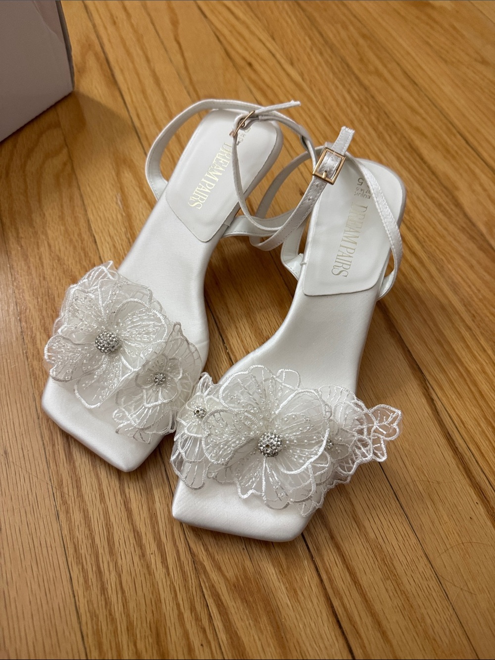 Wedding Heels Embossed Floral Applique White Satin Heels with Ankle Strap